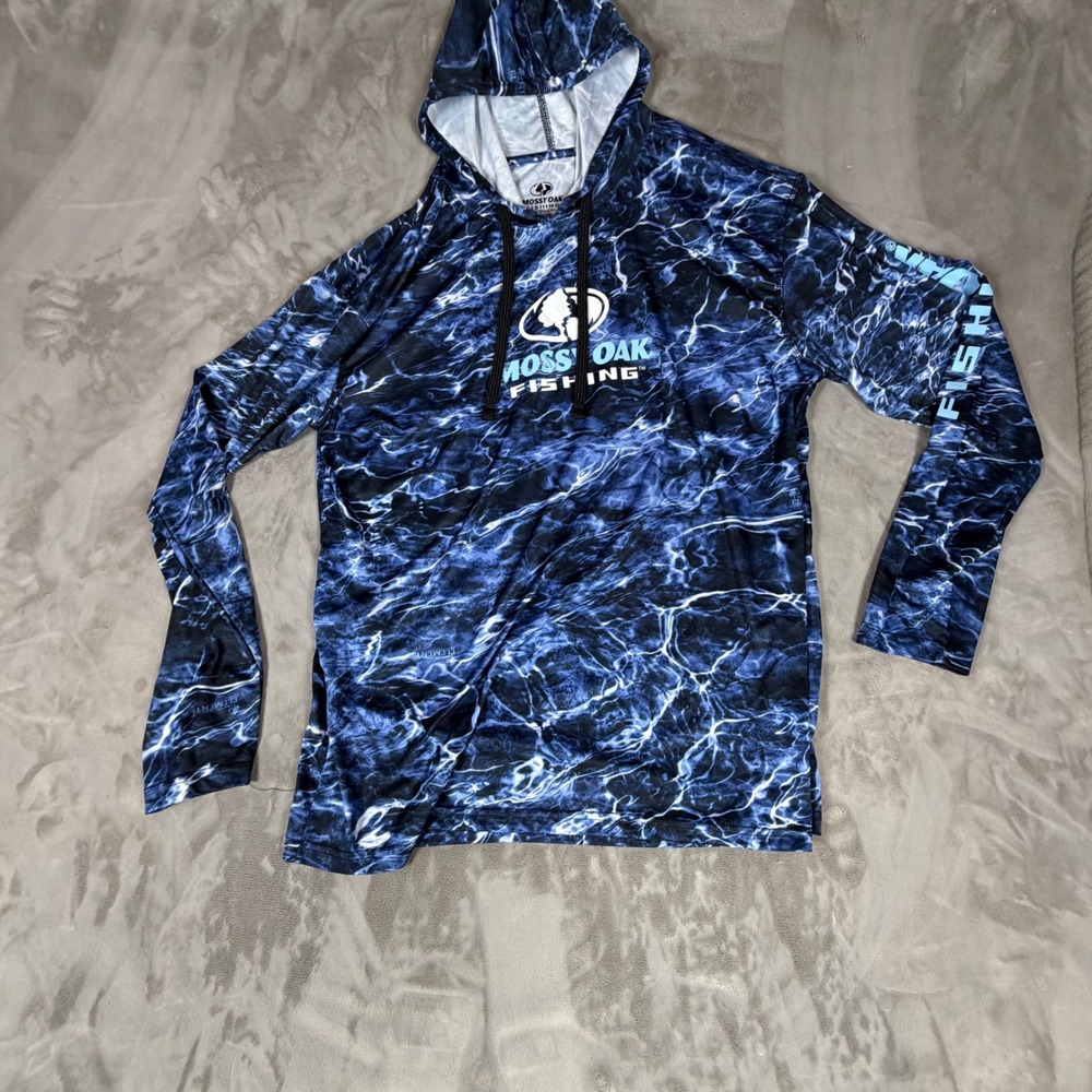 Mossy Oak Fishing Hoodie Mens XL Blue Elements Aqua Water Camo Sun Shirt